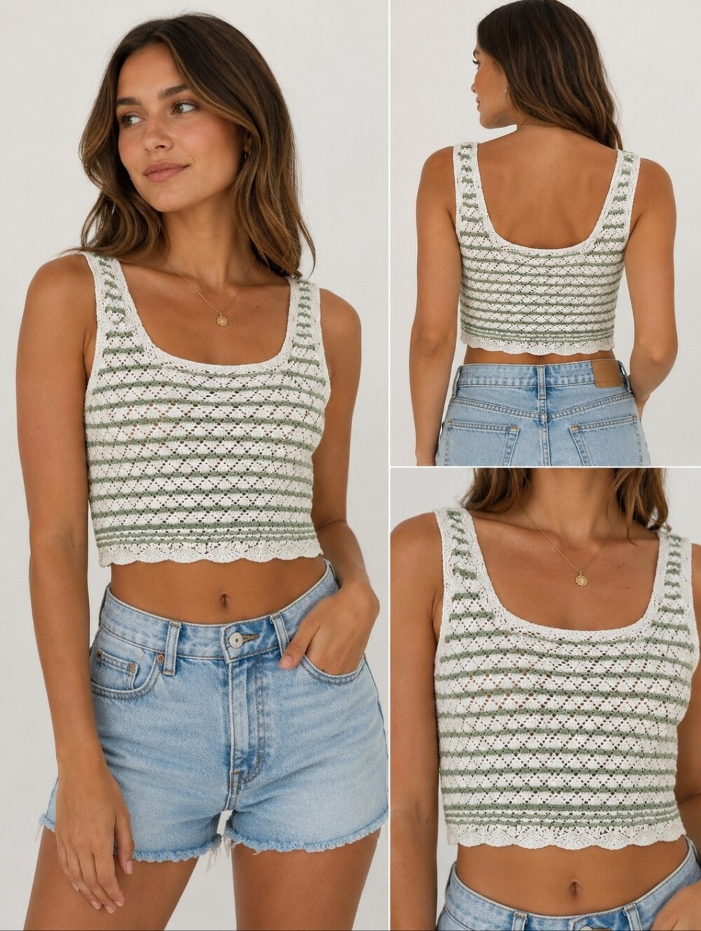 H&M White and Light Green Crochet Crop Tank Top